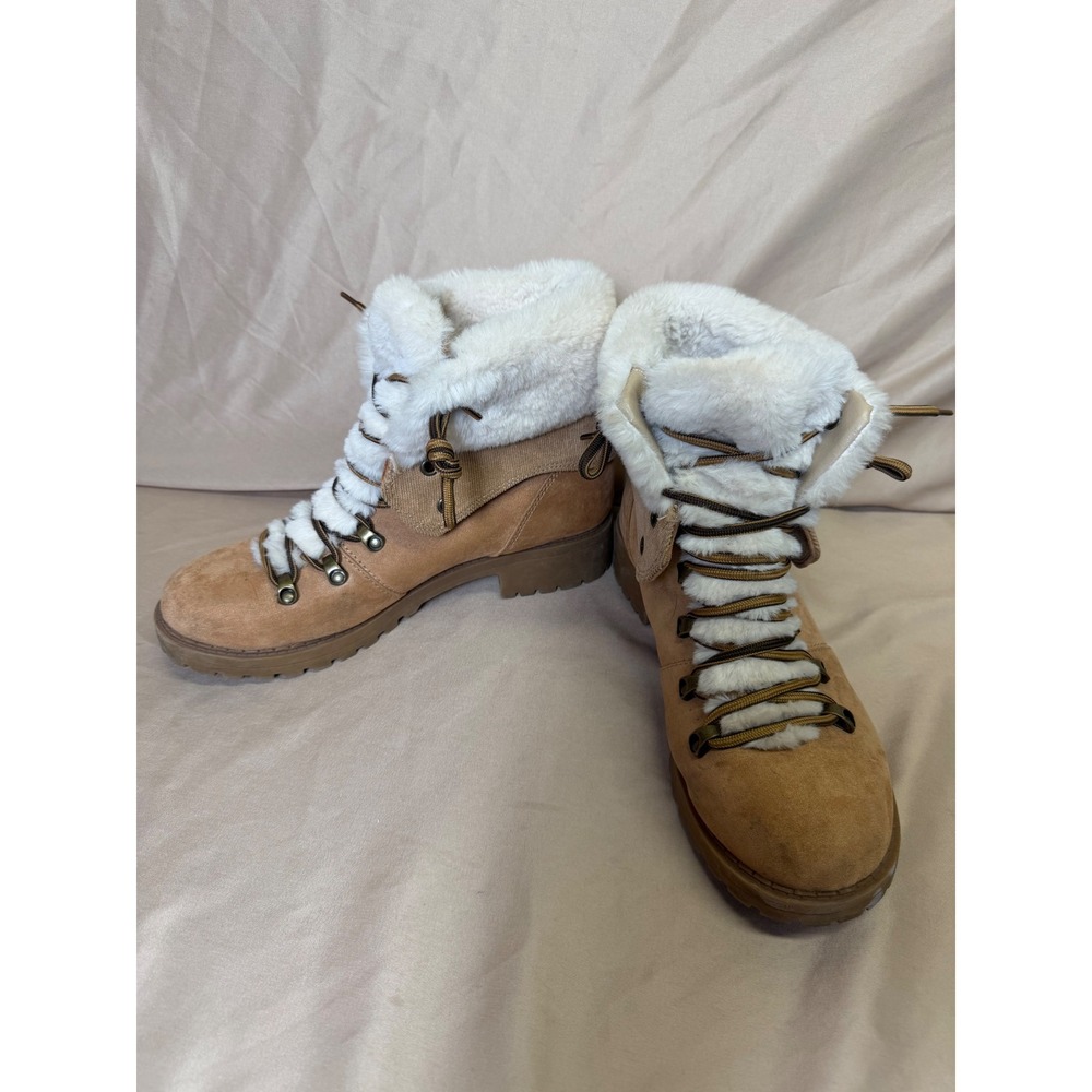 POP Kraft Tan Suede Faux Fur Trim Lace Up Hiking Boots Womens 9M Lug Sole Ankle
